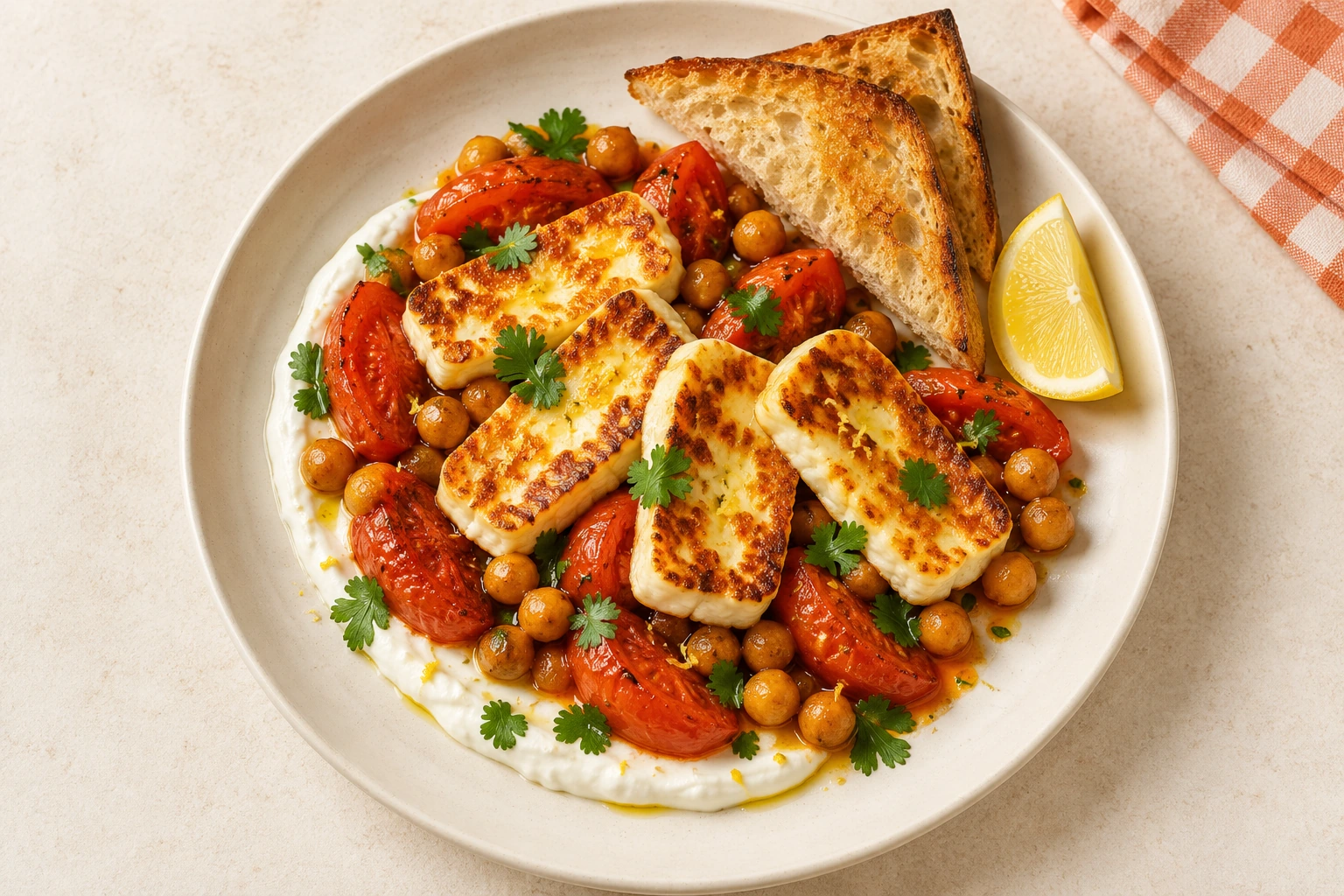 Golden Halloumi with Roasted Tomatoes & Lemon Yoghurt