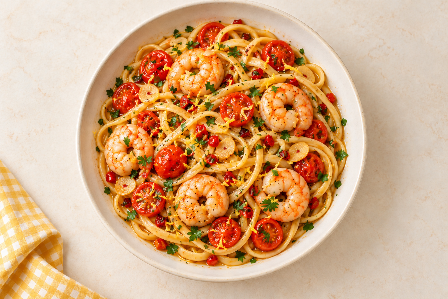 Tomato and Chilli Prawn Linguine